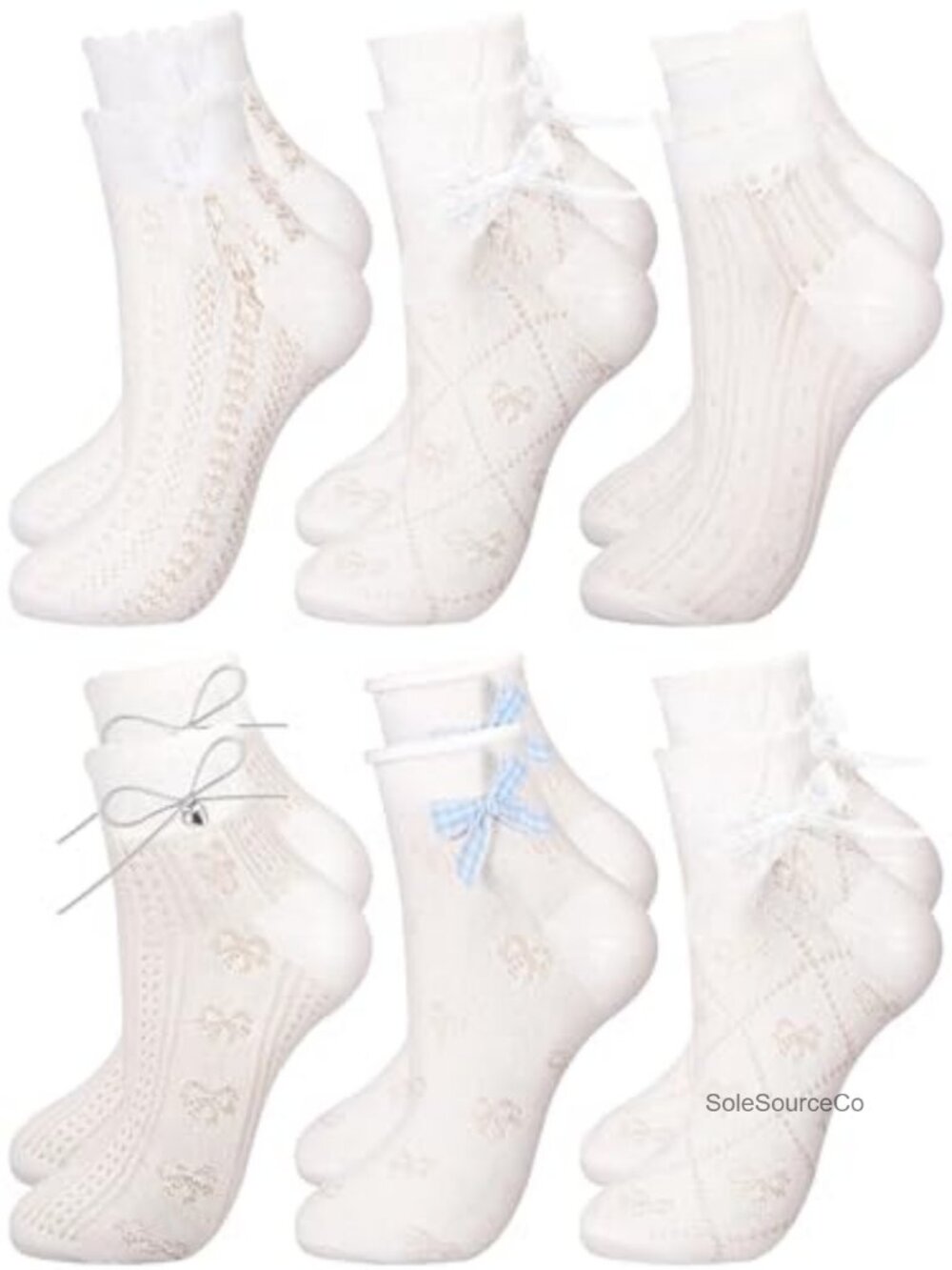 Fourluoo Womens Ruffle Ankle Socks 6 Pairs Breathable Nylon Frilly Bow Lace
